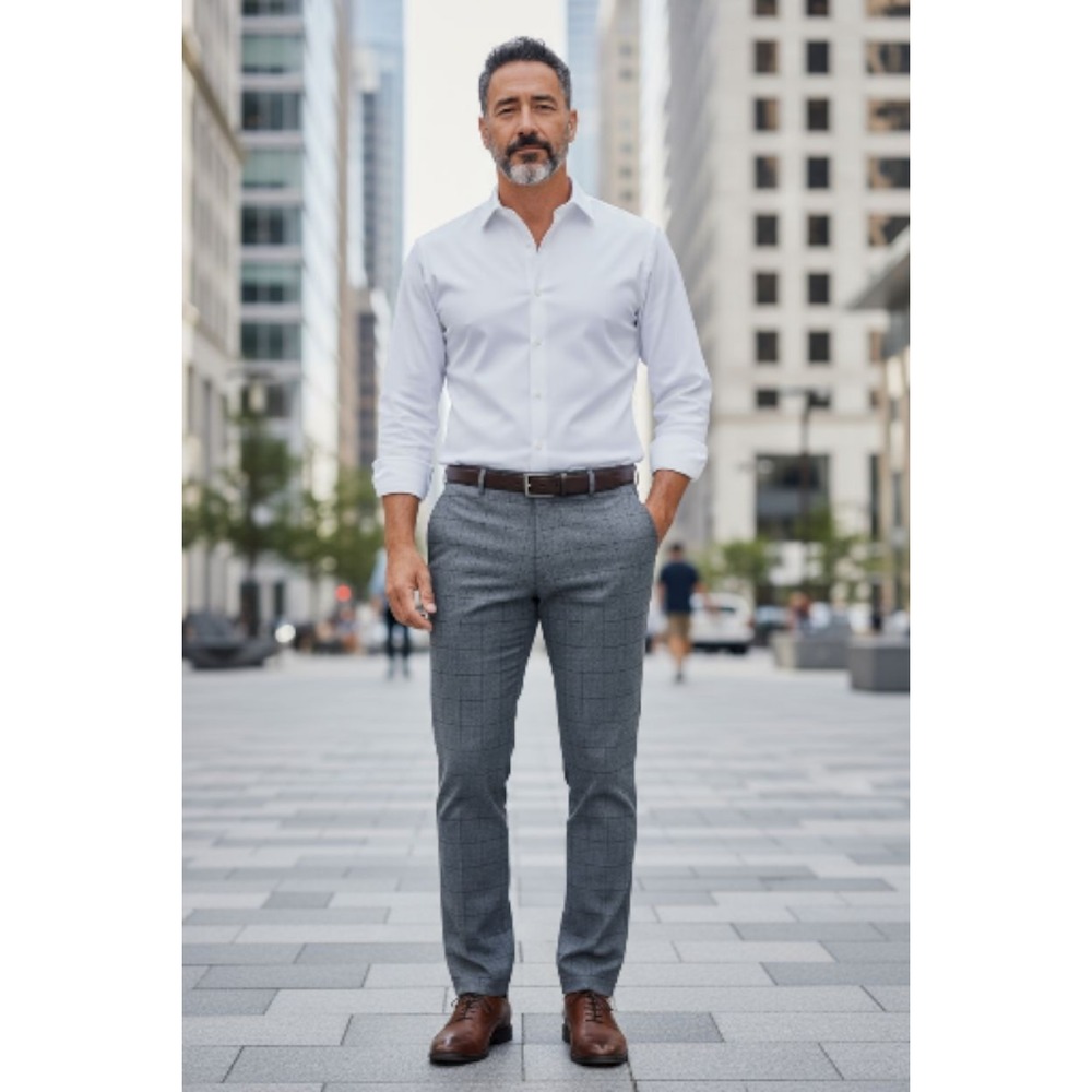 Versini 100% Wool Dress Pants Gray Windowpane Plaid‎ Flat Front 36 Short